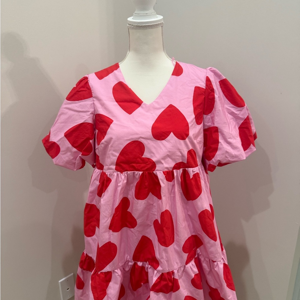 Vibrant Pink Dress with Red Heart Accents